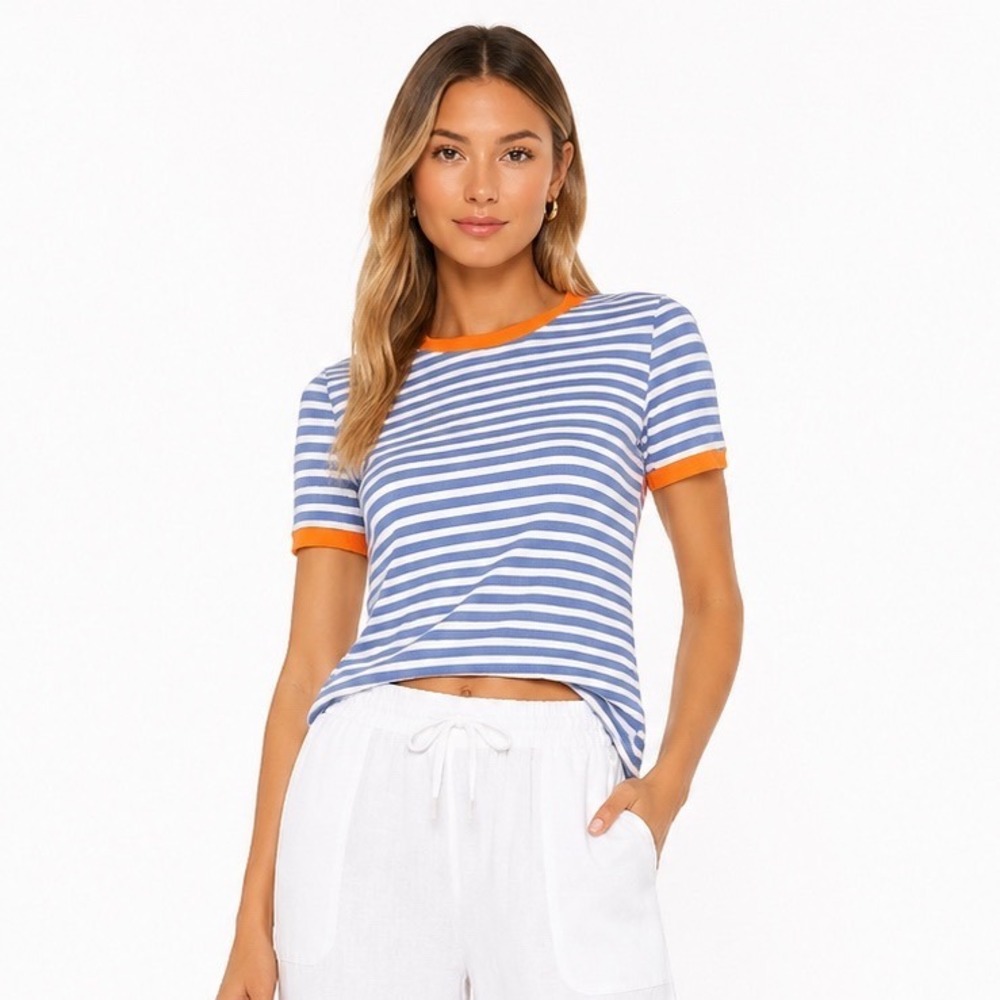 Rebecca Minkoff Women S Blue Striped Puff Short Sleeve Cotton Top Nautical Prep